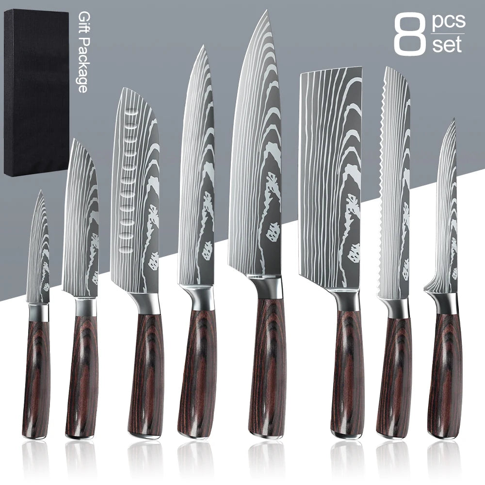 Laser Damascus Pattern Stainless Steel Knives Set