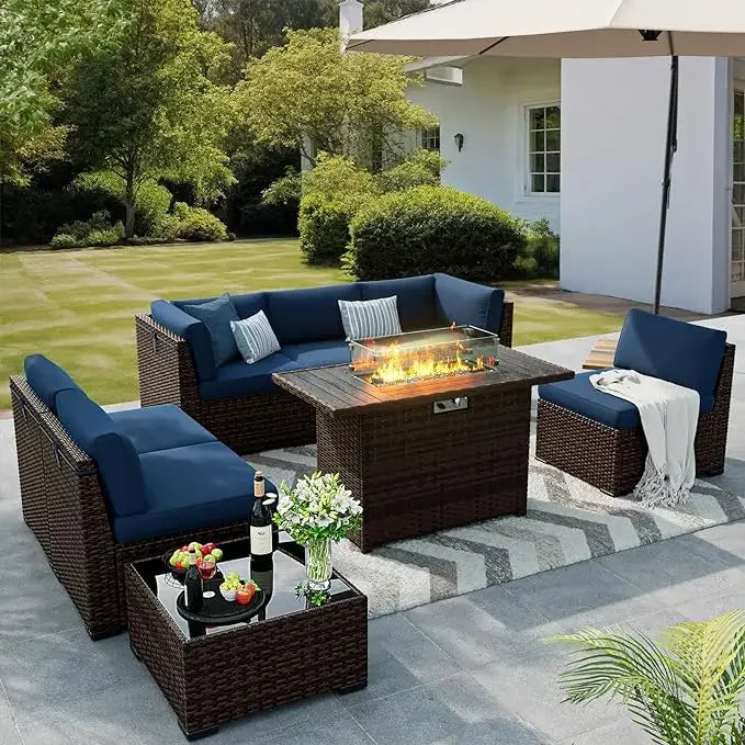 Eight Pieces Outdoor Furniture W/Gas Fire Pit
