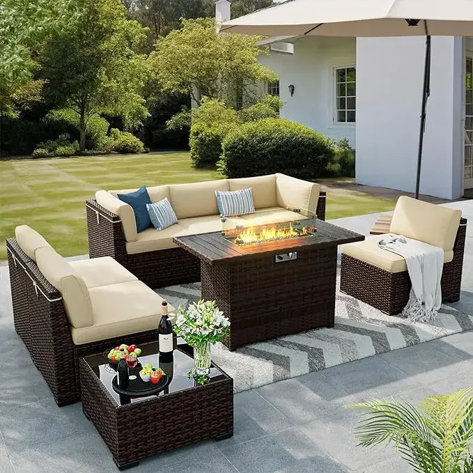 Eight Pieces Outdoor Furniture W/Gas Fire Pit