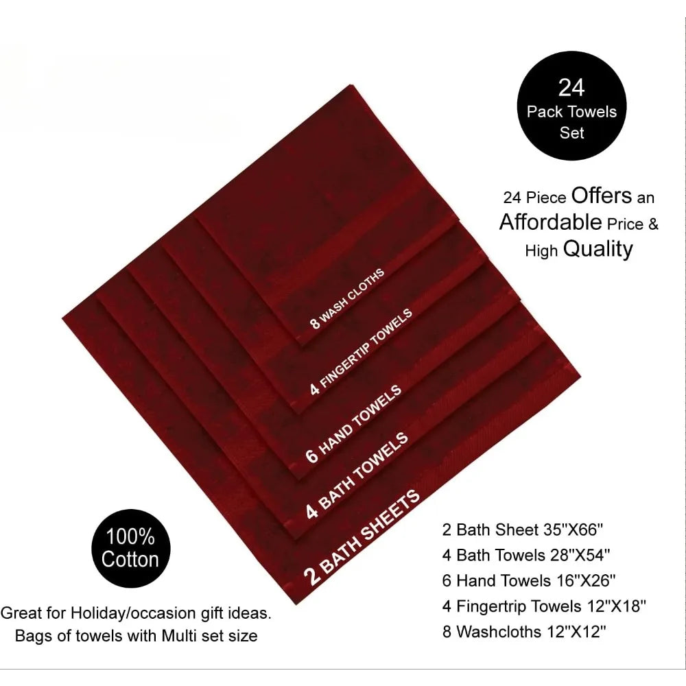 24 piece 100% towel set - includes 2 towels, 4 towels, 6 hand towels, 4 towels, and 8 towels - soft, absorbent, and durable