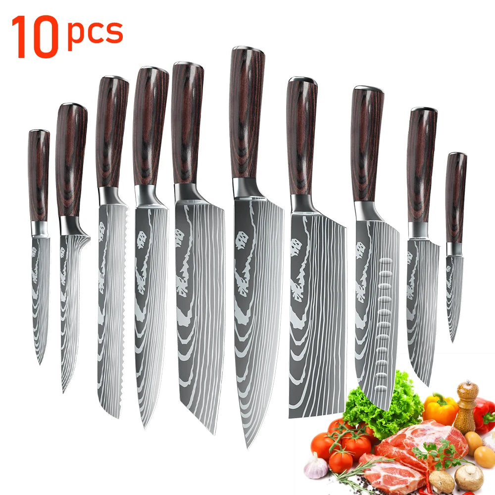 Laser Damascus Pattern Stainless Steel Knives Set