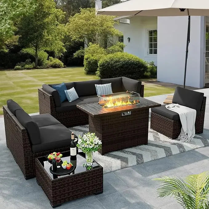 Eight Pieces Outdoor Furniture W/Gas Fire Pit