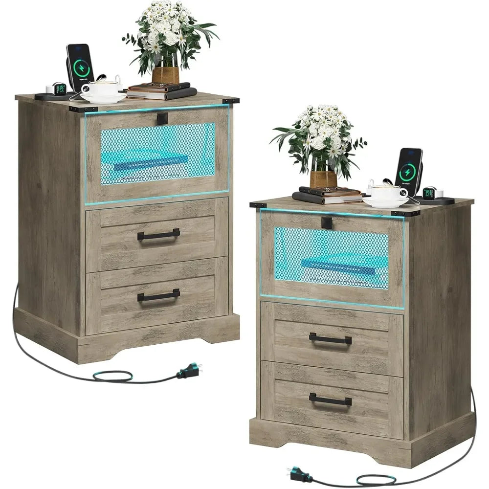 Farmhouse Night Stand Set With LED Lights