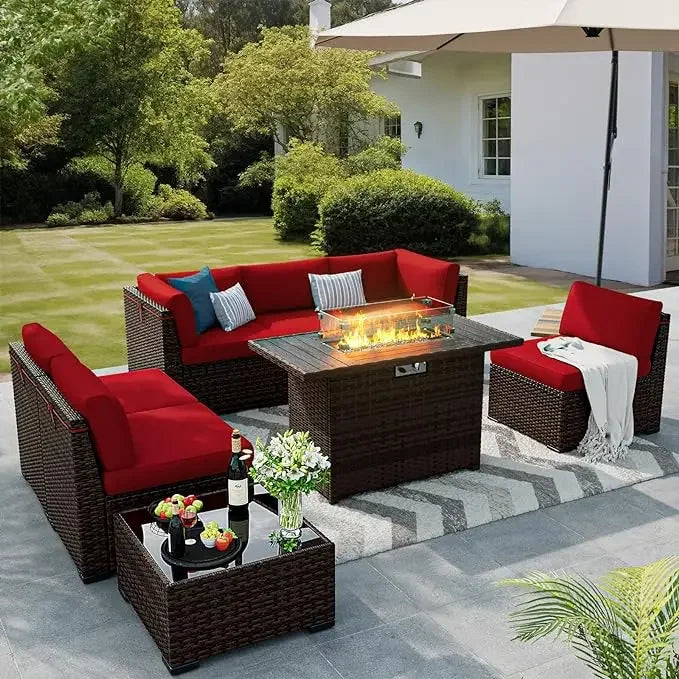 Eight Pieces Outdoor Furniture W/Gas Fire Pit
