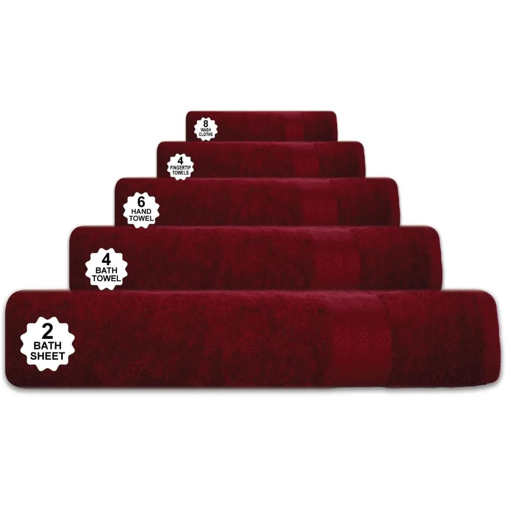 24 piece 100% towel set - includes 2 towels, 4 towels, 6 hand towels, 4 towels, and 8 towels - soft, absorbent, and durable