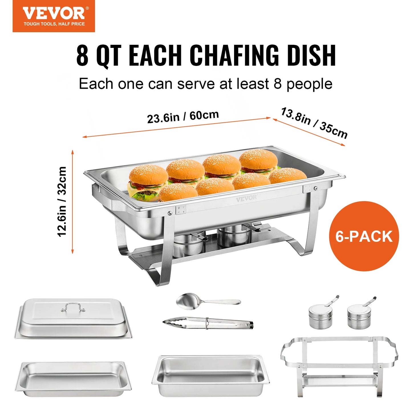 2/4/6 Packs 8QT Rectangle Chafing Dish w/ Warmers