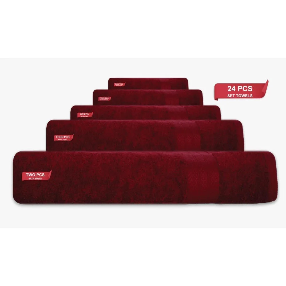 24 piece 100% towel set - includes 2 towels, 4 towels, 6 hand towels, 4 towels, and 8 towels - soft, absorbent, and durable