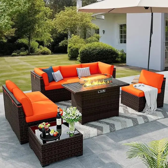 Eight Pieces Outdoor Furniture W/Gas Fire Pit