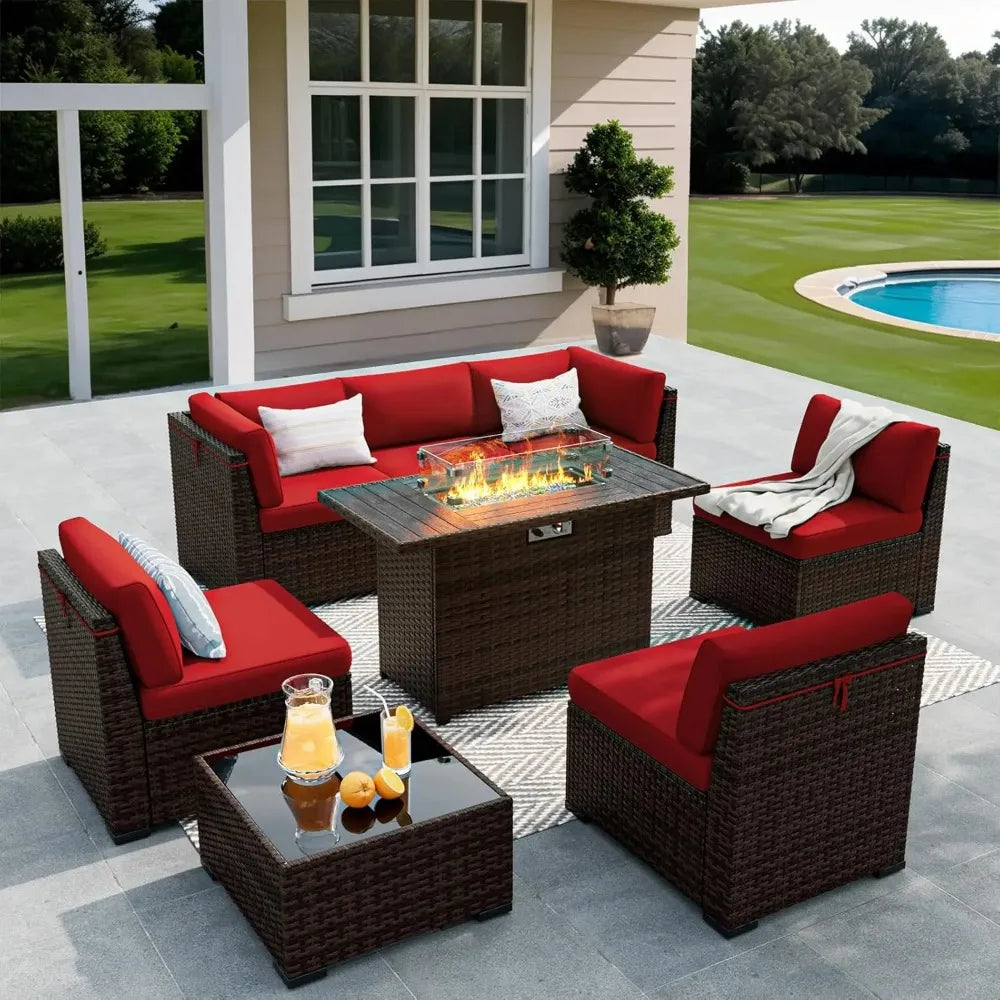 Eight Pieces Outdoor Furniture W/Gas Fire Pit