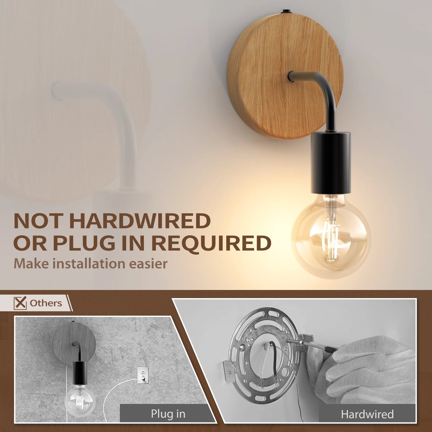 Cordless Battery Operated Wooden Wall Light Fixtures