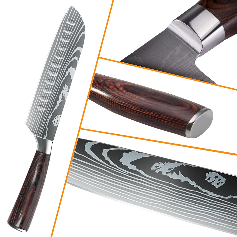 Laser Damascus Pattern Stainless Steel Knives Set