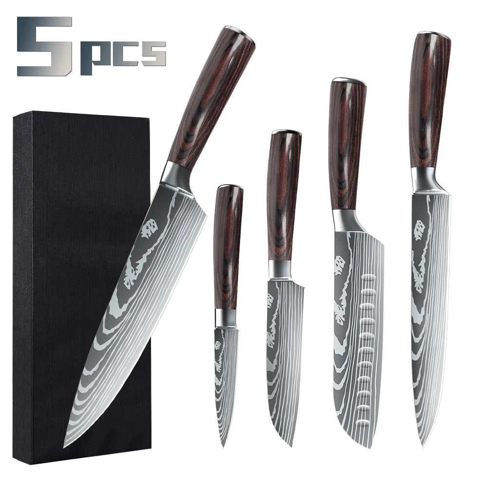 Laser Damascus Pattern Stainless Steel Knives Set