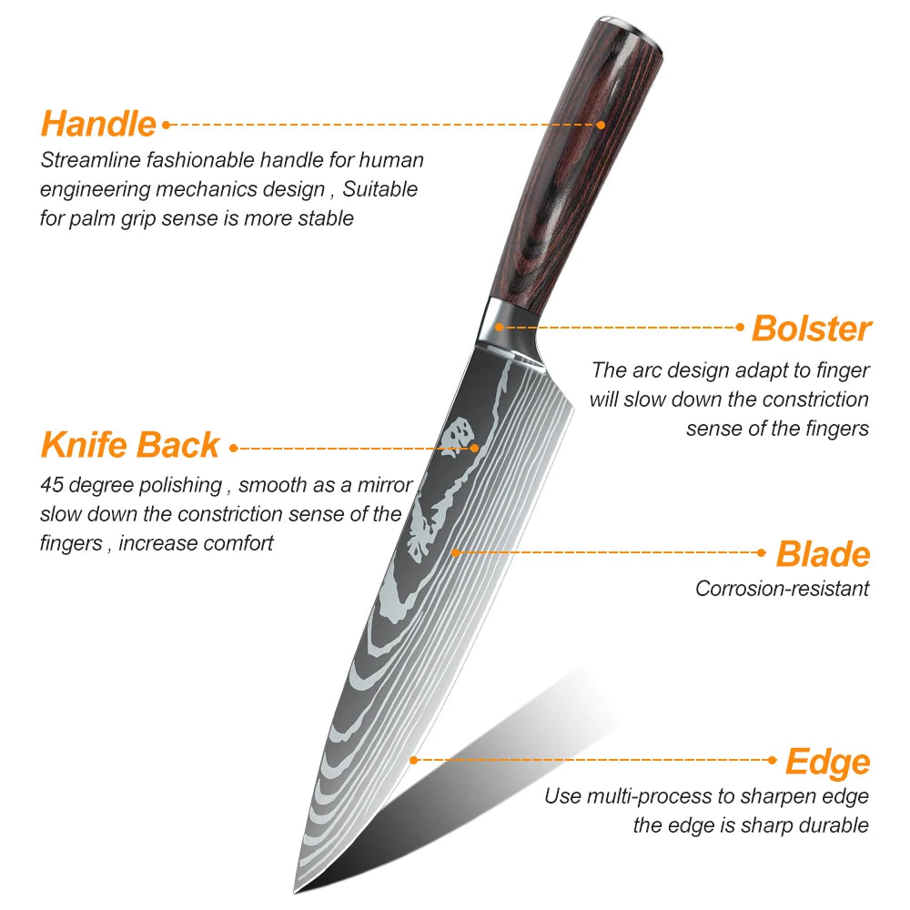 Laser Damascus Pattern Stainless Steel Knives Set
