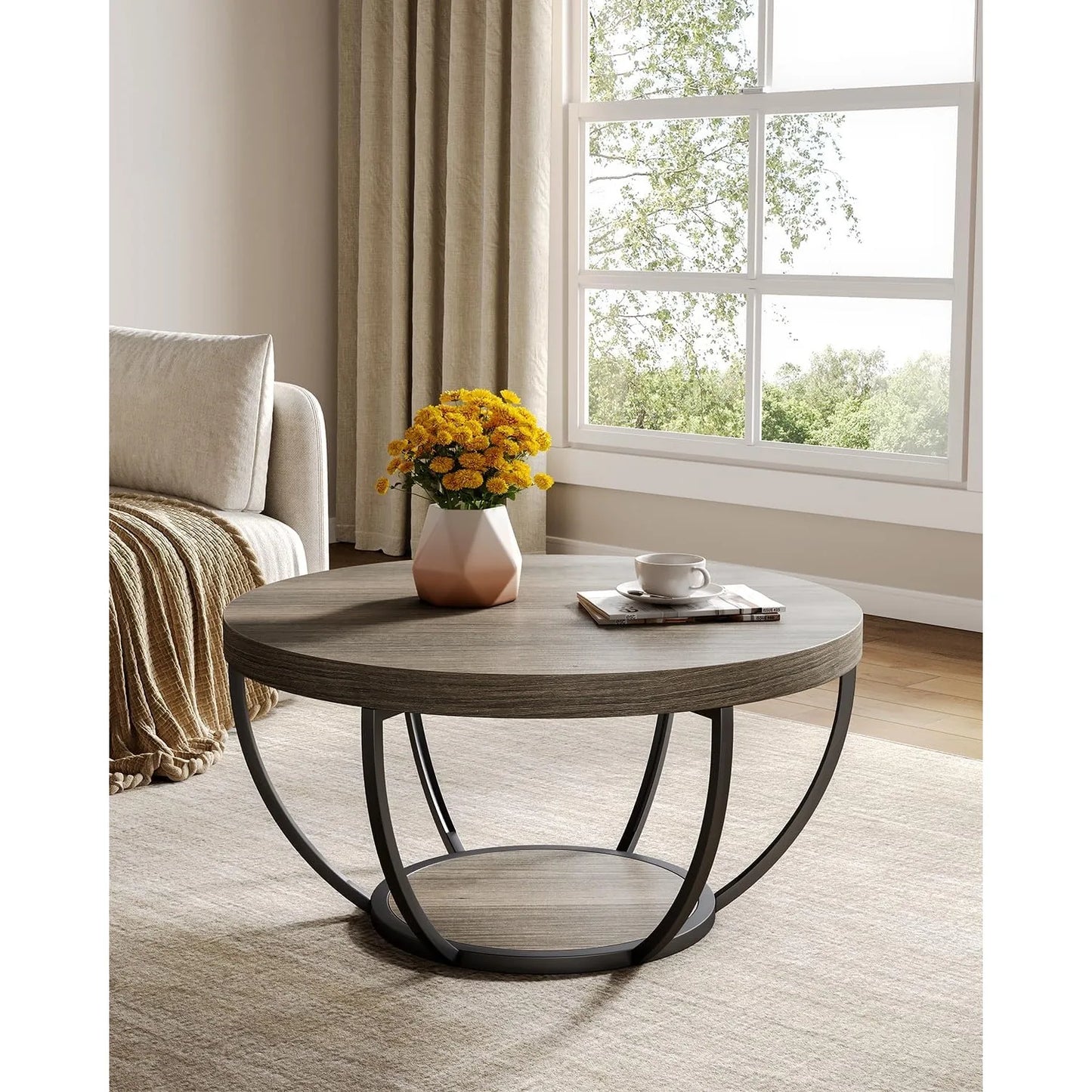 Metal Legs 2-Tier Round Marble Coffee Table