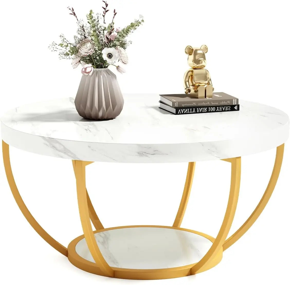 Metal Legs 2-Tier Round Marble Coffee Table