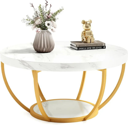 Metal Legs 2-Tier Round Marble Coffee Table