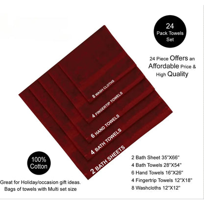 24 piece 100% towel set - includes 2 towels, 4 towels, 6 hand towels, 4 towels, and 8 towels - soft, absorbent, and durable