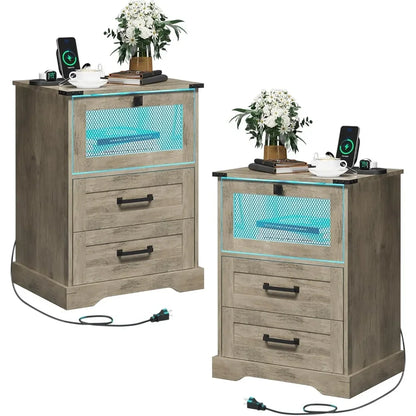 Farmhouse Night Stand Set With LED Lights