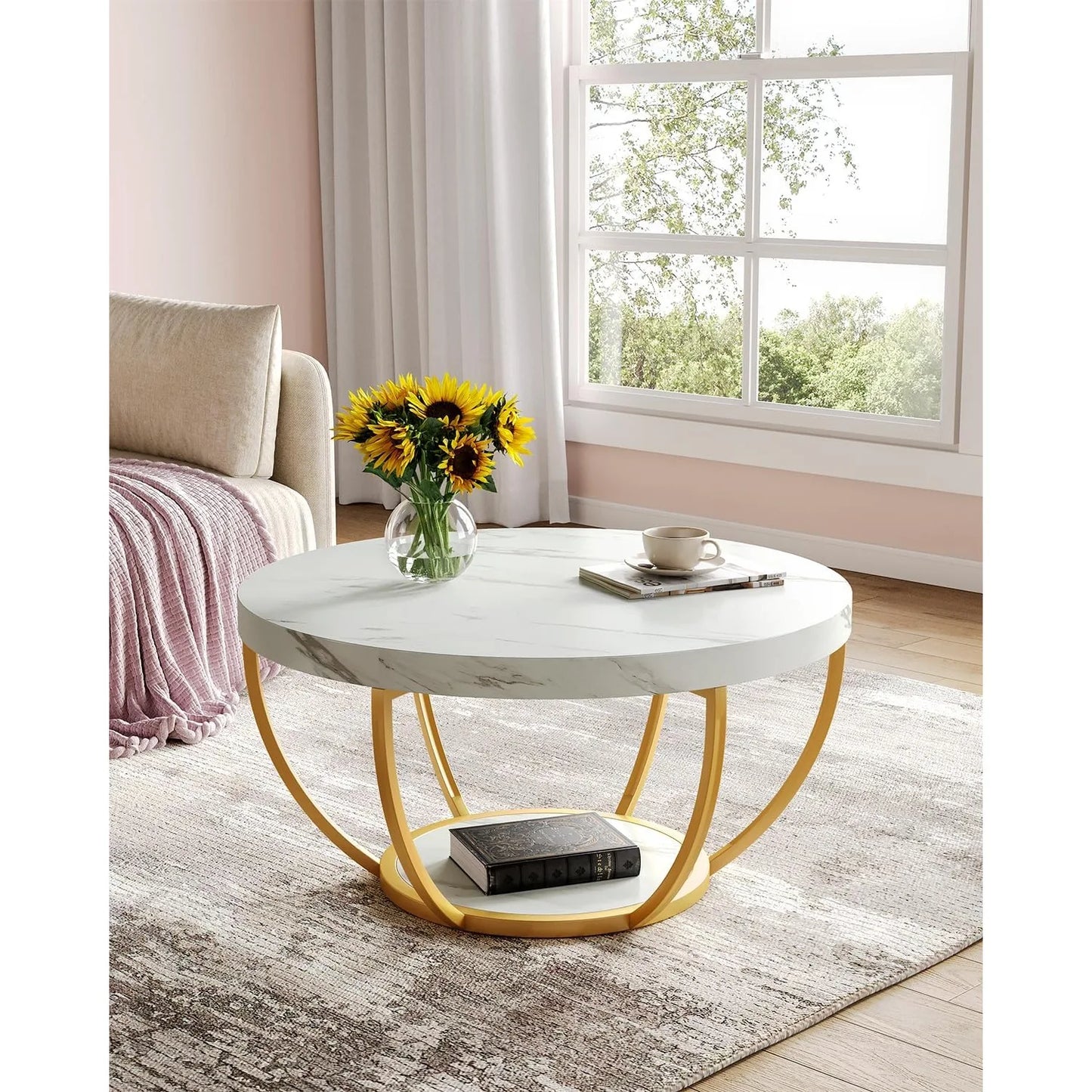Metal Legs 2-Tier Round Marble Coffee Table