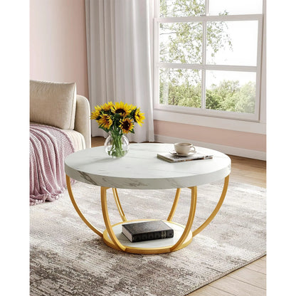 Metal Legs 2-Tier Round Marble Coffee Table