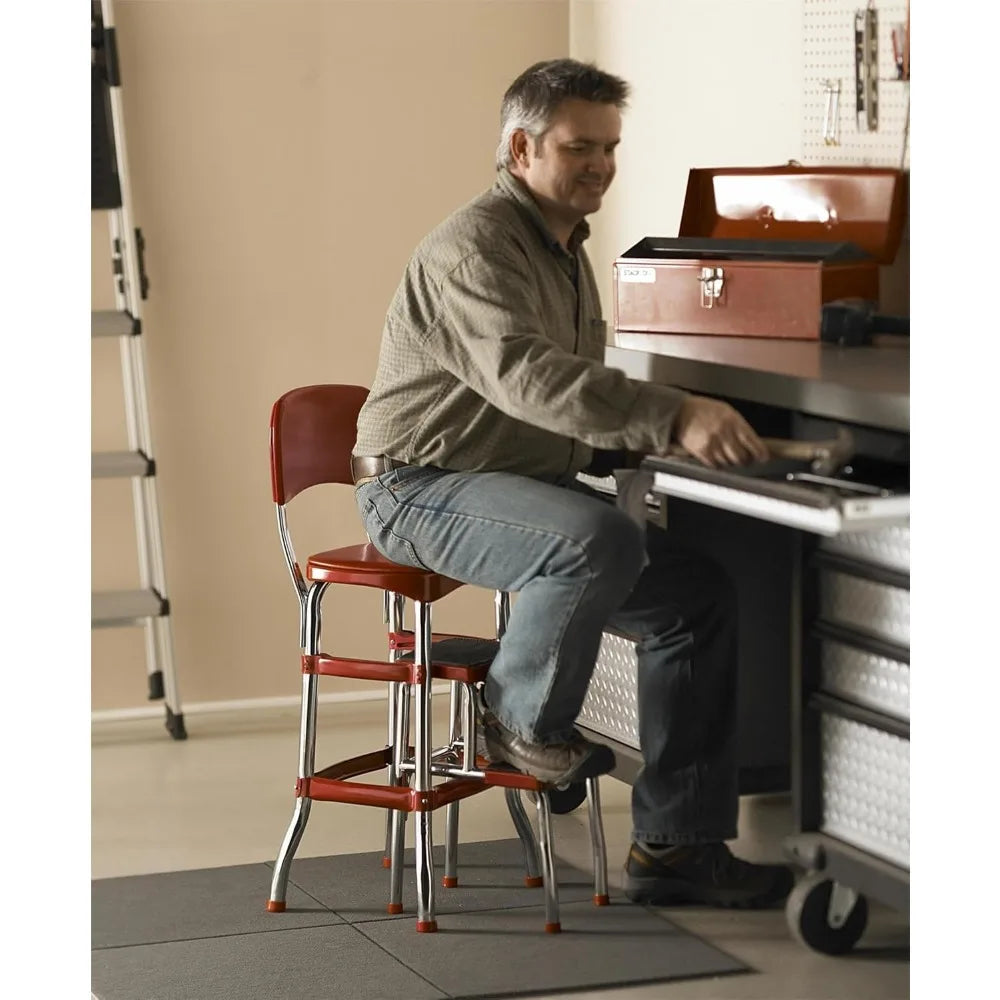 Red Retro Counter Chair/Sliding Step Stool