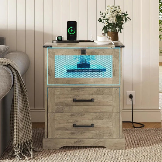 Farmhouse Night Stand Set With LED Lights