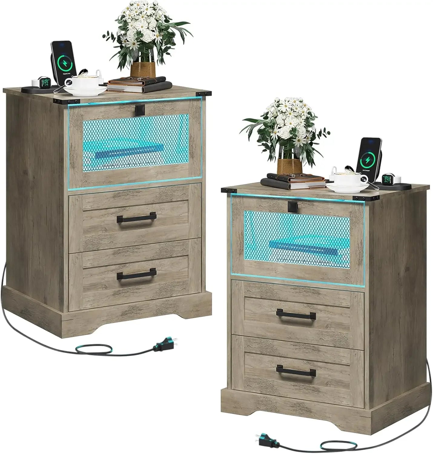 Farmhouse Night Stand Set With LED Lights