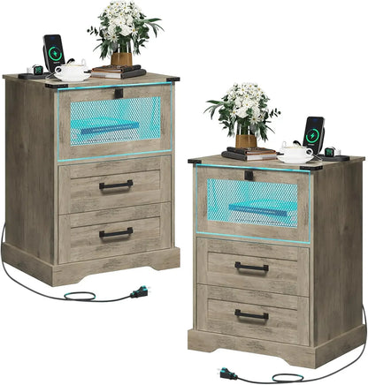 Farmhouse Night Stand Set With LED Lights